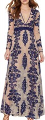 ivimos Rochie maxi de dama, cu maneca lunga, cu decolteu in V, cu broderie florala, eleganta, in linie A, albastru XL foto