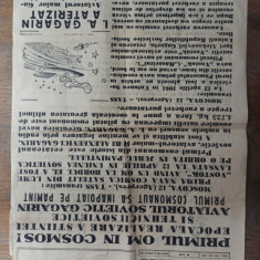 PRIMUL OM IN COSMOS, ZIARUL INFORMATIA BUCURESTIULUI, 12 APRILIE 1961, 1 FILA