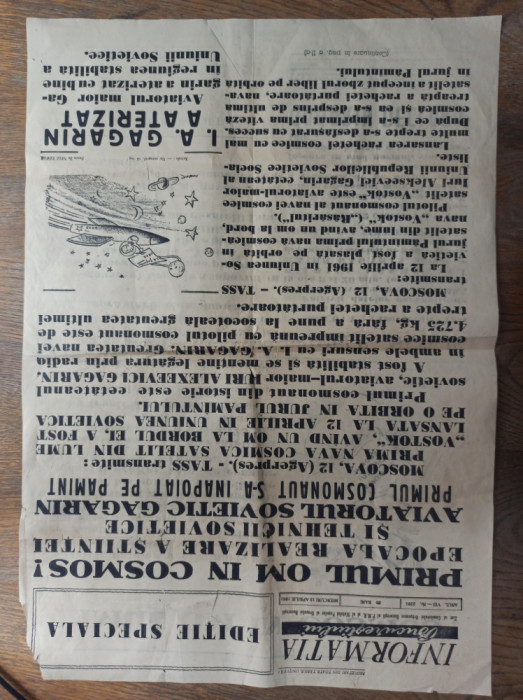 PRIMUL OM IN COSMOS, ZIARUL INFORMATIA BUCURESTIULUI, 12 APRILIE 1961, 1 FILA