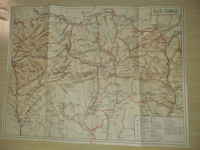 harta turistica olt - timis - anii &#039;60 -&#039;70 - dimensiuni 51 / 39 cm