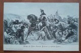 Carte postala, desen camp de lupta unde se afla Stefan cel Mare, domnul Moldovei si aprodul Purice, perioada interbelica
