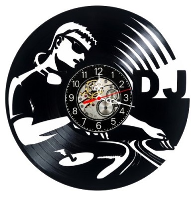 Ceas de perete decorativ realizat din disc de vinil, Model DJ Disc Jockey Mixer Casti, Negru, 30 cm foto