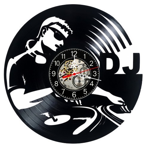 Ceas de perete decorativ realizat din disc de vinil, Model DJ Disc Jockey Mixer Casti, Negru, 30 cm