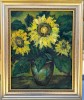 Tablou Mircea Popescu Natura statica Vas cu Floarea Soarelui pictura ulei pe p&acirc;nză inramata 43x52cm, Flori, Realism
