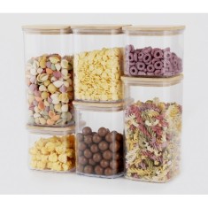 Set 6 cutii depozitare, Flippy, Bamboo lid si PS, 2pc 0.5L, 2pc 0.8L, 2pc 1.2L, 1230g, Transparente, Capac maro