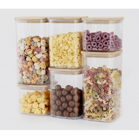 Set 6 cutii depozitare, Flippy, Bamboo lid si PS, 2pc 0.5L, 2pc 0.8L, 2pc 1.2L, 1230g, Transparente, Capac maro