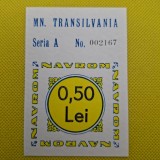 Tichet Navrom motonava Transilvania filigran RPR , 0,50 lei seria A 002167, stare UNC, necirculat
