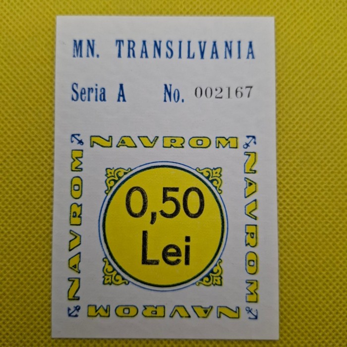 Tichet Navrom motonava Transilvania filigran RPR , 0,50 lei seria A 002167, stare UNC, necirculat