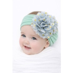 Bentita verde menta lata cu floare din tulle si buline aurii