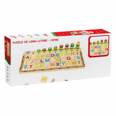 Puzzle din lemn decupat cu cife si litere colorate, interactiv si educativ, pentru copii, 40 x 19 cm NippleBaby