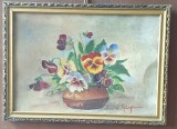 Tablou pictat manual &ndash; &bdquo;Buchet de panseluțe&rdquo; &ndash; ulei pe carton &ndash; semnat V. Țapu &ndash; stil decorativ floral clasic