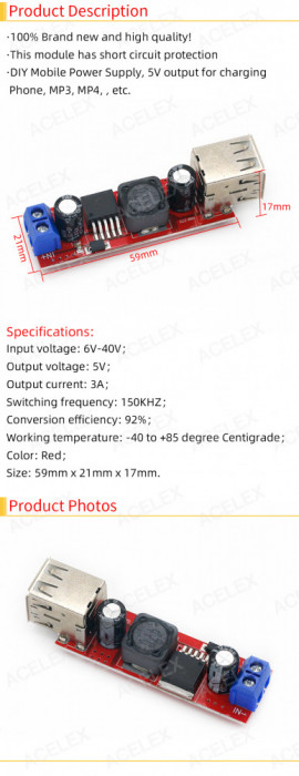 Sursa curent intrare 6V-40V iesire 2 USB 5V DC-DC 3A