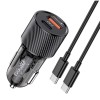 Incarcator auto Kakusiga, 60W, 1 port USB-C, 1 port USB-A, Incarcare Rapida 3.0 + Cablu Type C, Negru
