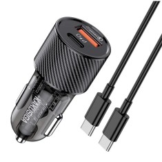 Incarcator auto Kakusiga, 60W, 1 port USB-C, 1 port USB-A, Incarcare Rapida 3.0 + Cablu Type C, Negru