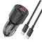 Incarcator auto Kakusiga, 60W, 1 port USB-C, 1 port USB-A, Incarcare Rapida 3.0 + Cablu Type C, Negru