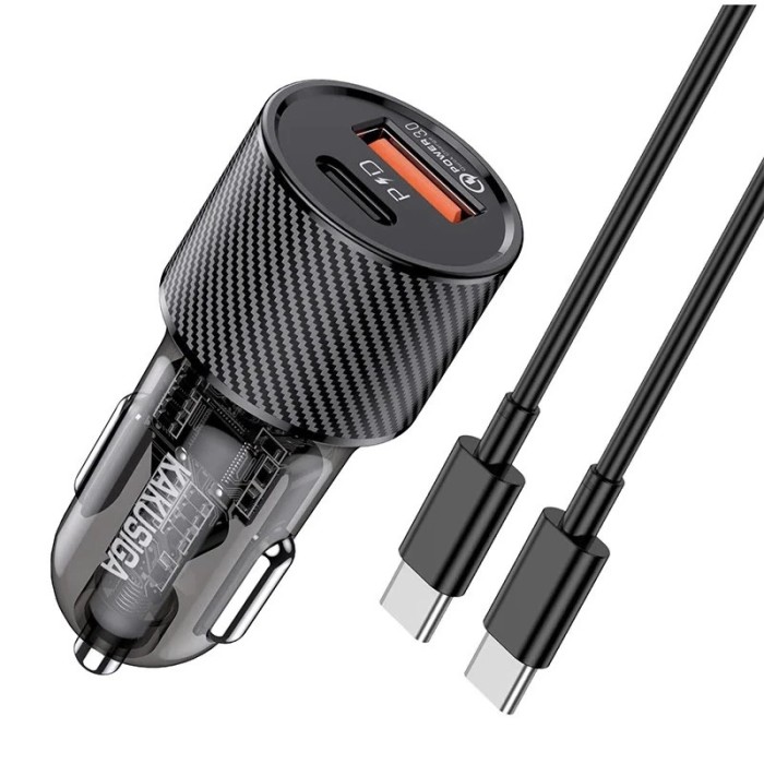 Incarcator auto Kakusiga, 60W, 1 port USB-C, 1 port USB-A, Incarcare Rapida 3.0 + Cablu Type C, Negru