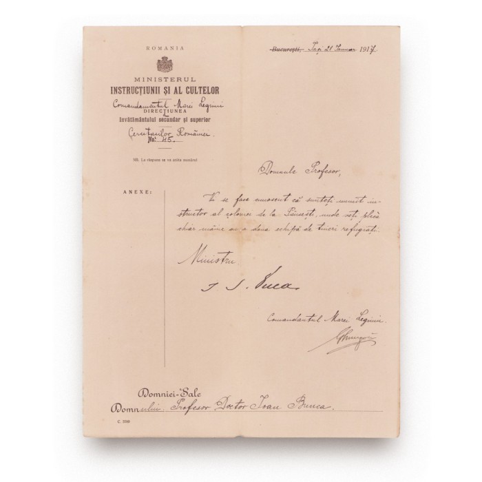 I. G. Duca și Gh. Murgoci, comandantul Marii Legiuni a Cercetașilor, scrisoare adresată prof. Ioan Bunea, 1917