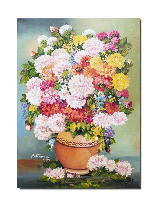 Tablou pictat manual, Vaza cu crizanteme, parfum de sarbatoare, 70x50cm ulei pe panza, Constantin Feraru