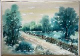 Acuarelă / tablou, E. Dinulescu, 34 x 24 suprafata pictata, peisaj arta romaneasca contemporana, artist roman