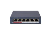 Switch PoE Hikvision DS-3E1106P-EI: 4 10 100 Mbps PoE port,2 10 100 Mbps RJ45 port, 4 porturi PoE maxim 30W, buget PoE 60W, tensiune alimentare 65 W,
