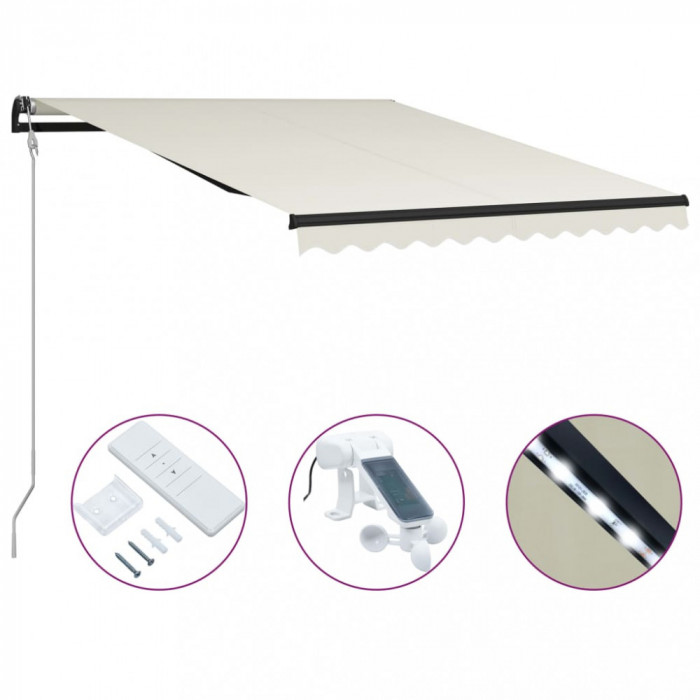 vidaXL Copertină retractabilă cu senzor v&acirc;nt &amp; LED, crem, 300x250 cm