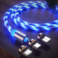 Cablu de Incarcare Magnetic 3 in 1 cu Flux Luminos Albastru 1M foto