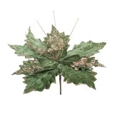 Floare Decorativă Crăciun, 30cm, Catifea Verde cu Glitter Bej șampanie, Tulpină Scurtă, Oem