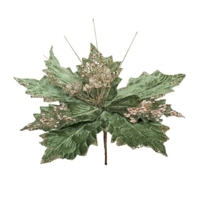 Floare Decorativă Crăciun, 30cm, Catifea Verde cu Glitter Bej șampanie, Tulpină Scurtă foto
