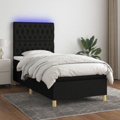 vidaXL Pat cu arcuri, saltea și LED, negru, 90x190 cm, textil 3135639 foto