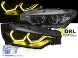 Set de faruri tuning cu lumini DRL galbene, potrivit pentru BMW Seria 3 F30 sedan, F31 break 2011-2015 cu baza neagra, stanga si dreapta Performance A