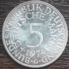 (A911) MONEDA DIN ARGINT GERMANIA - 5 MARK 1974, LIT G, 11,2 GRAME. PURITATE 625