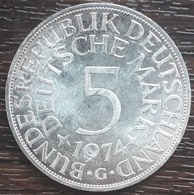 (A911) MONEDA DIN ARGINT GERMANIA - 5 MARK 1974, LIT G, 11,2 GRAME. PURITATE 625 foto