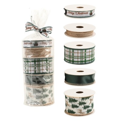 Panglica Decorativa cu Tematica de Craciun, Flippy, Set din 4 bucat + 1 Rulon Ata Maro, Panglica pentru Cadou de Craciun Brad si Decor, 2 M per bucata foto
