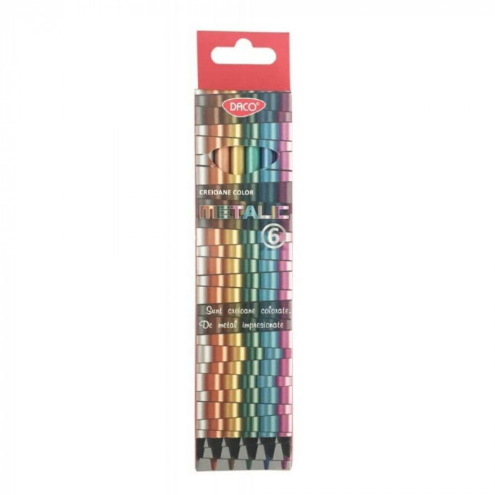Set 6 Creioane Color DACO Metalic, 6 Culori Metalice, Corp Triunghiular din Lemn, Creioane Triunghiulare Colorate, Creioane Colorate Metalice DACO, Cr