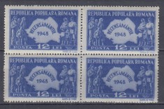 ROMANIA 1948 LP 226 RECENSAMANTUL BLOC DE 4 TIMBRE MNH