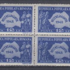 ROMANIA 1948 LP 226 RECENSAMANTUL BLOC DE 4 TIMBRE