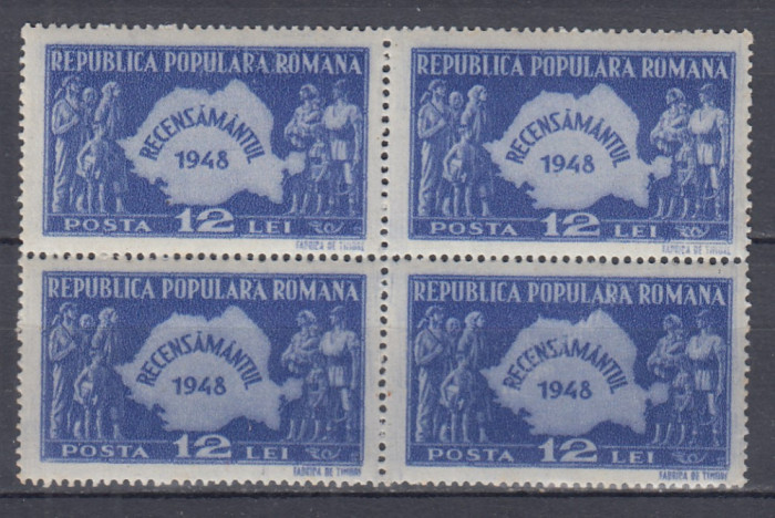 ROMANIA 1948 LP 226 RECENSAMANTUL BLOC DE 4 TIMBRE