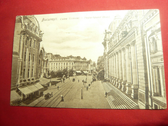 Ilustrata Bucuresti -Calea Victoriei - Posta si Grand Hotel 1924