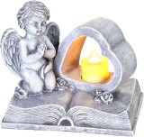 Decor funerar cu inger pe carte si inima, LED, polyresin, 19 cm