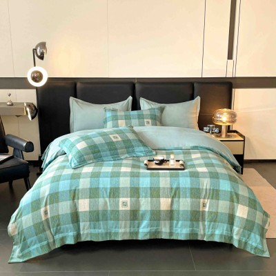 Lenjerie de lux pentru pat dublu,bumbac finet,6 piese,cearceaf cu elastic,multicolora,imprimeu carouri-A1000 foto