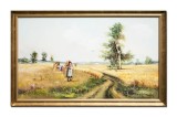 Cumpara ieftin Tablou peisaj camp cu grau pictat manual inramat, La seceris, 110x70cm ulei pe panza, Geo Ungureanu