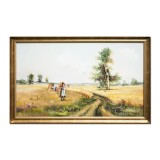Tablou peisaj camp cu grau pictat manual inramat, La seceris, 110x70cm ulei pe panza, Geo Ungureanu