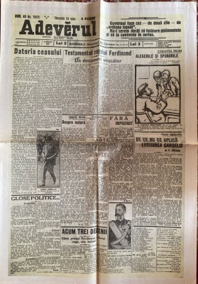 ADEVARUL 23 IULIE 1927,,TESTAMENTUL REGELUI FERDINAND&amp;quot;,4 PAGINI, POZE... foto