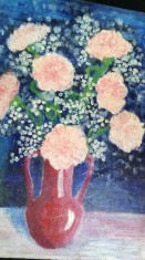 Tablou vechi Vaza cu flori, ulei pe placaj gros 26x36 cm