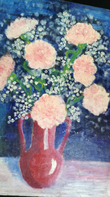 Tablou vechi Vaza cu flori, ulei pe placaj gros 26x36 cm foto