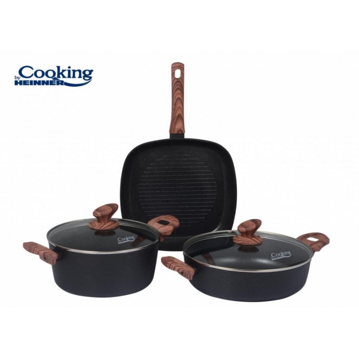 Set de Gatit 5 Piese Heinner Malta, Aluminiu Forjat, Tigaie Grill, Semioala, Cratita
