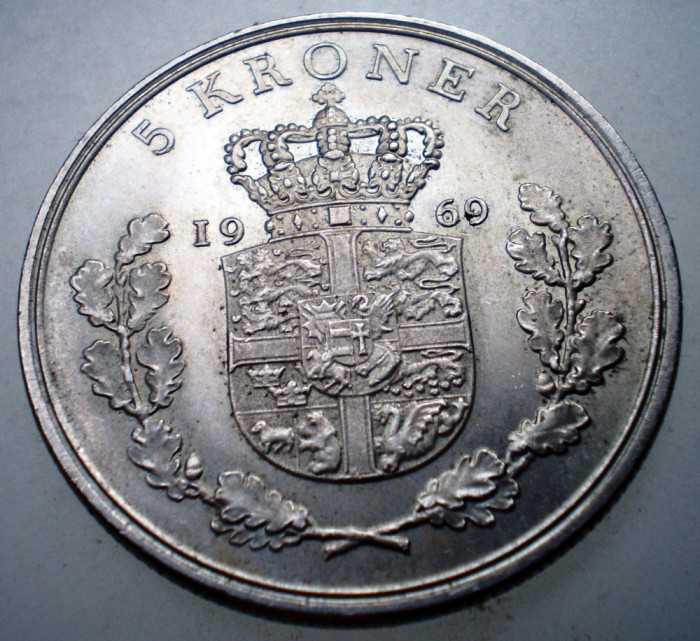 7.773 DANEMARCA FREDERIK IX 5 KRONER 1969 AUNC RARA 72000ex.