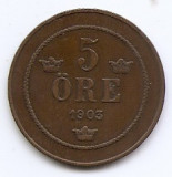 Suedia 5 Ore 1903 - Oscar II (litere mari) Bronz, 27 mm KM-757, Europa