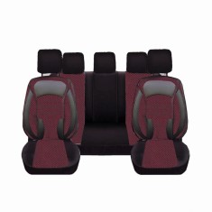 Set Huse Scaune Auto pentru Dacia Logan - DeluxeBoss, stofa cu piele ecologica, pt bancheta rabatabila fractionata, negru cu rosu, 11 piese