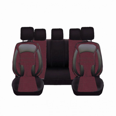 Set Huse Scaune Auto pentru Audi Q8 - DeluxeBoss, stofa cu piele ecologica, pt bancheta rabatabila fractionata, negru cu rosu, 11 piese foto